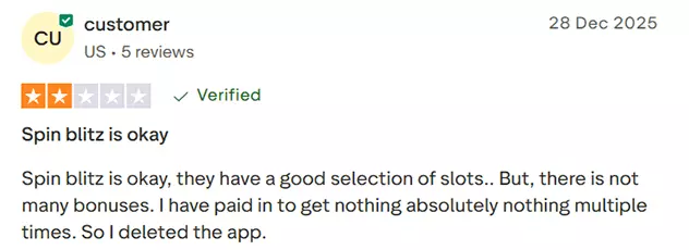 SpinBlitz customer 2 star review