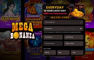 Mega Bonanza registration form overlaid on slot game backgrounds